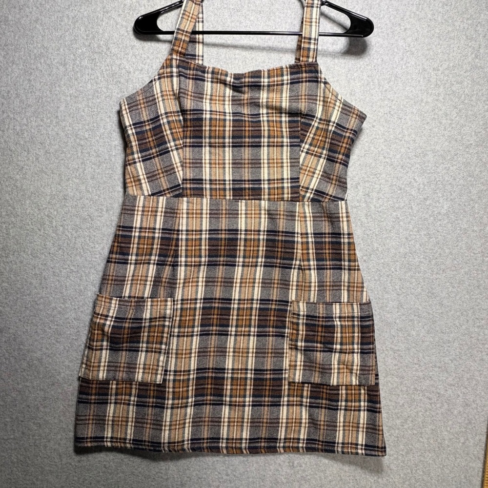 American Eagle Plaid Pinafore Dress Brown Blue Mini Square Neck Pockets Large